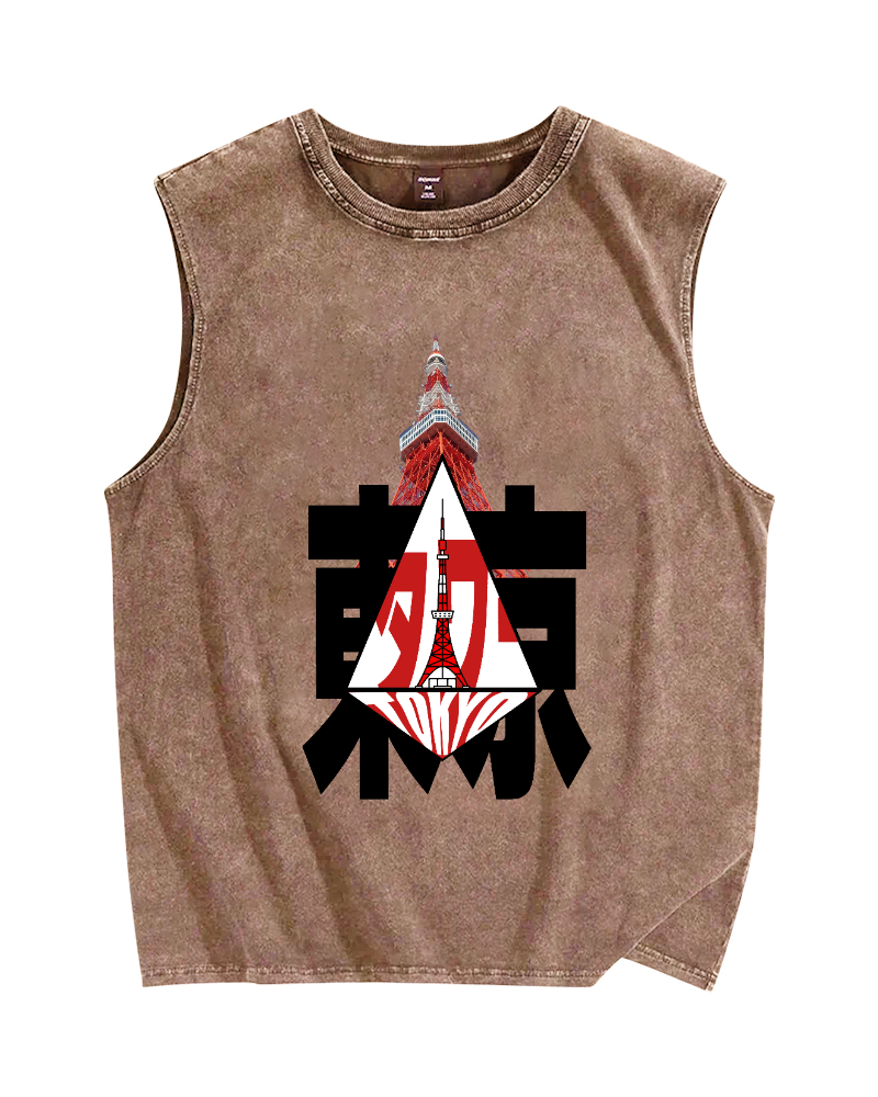 Tokyo Tower Vintage Distressed Washed Tank Top