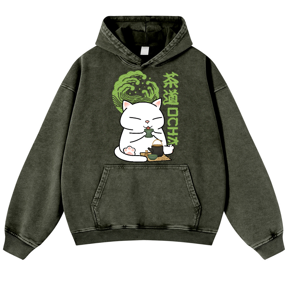 Tea Cat Vintage Washed Thick Cotton Hoodie