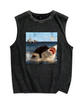 Cat Biting Shark Vintage Distressed Washed Tank Top