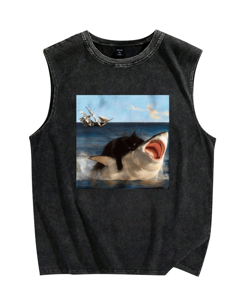 Cat Biting Shark Vintage Distressed Washed Tank Top