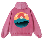 Cat Mount Fuji Vintage Washed Cotton Back Art Hoodie