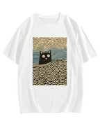 Wave Japanese Cat Art Cotton Casual T-shirt