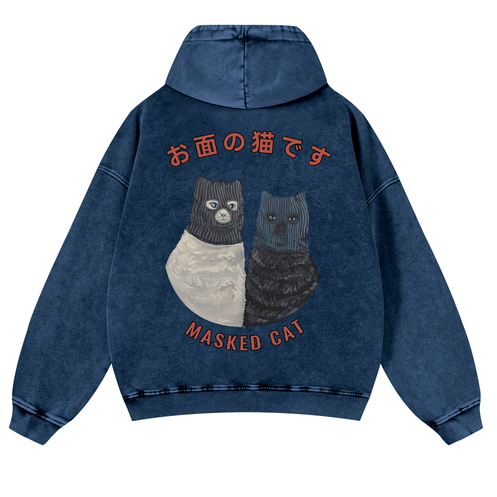 Masked Cat Vintage Washed Cotton Back Art Hoodie