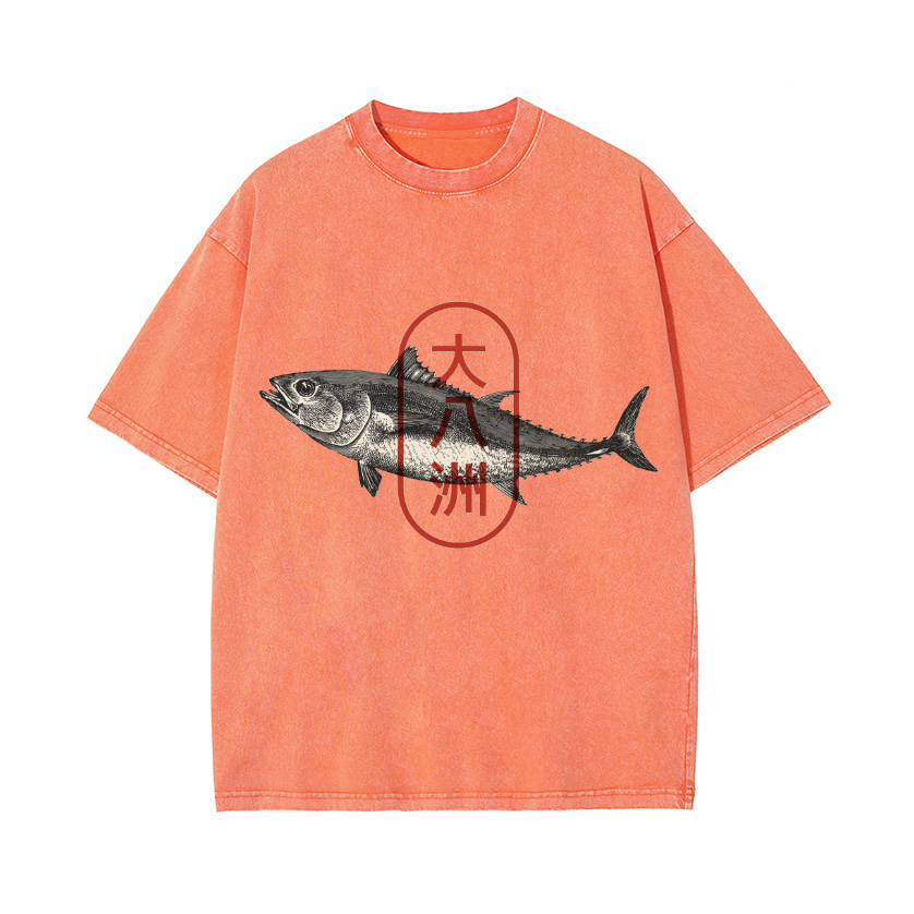 Great Eight Islands of Japan Tuna Fish Vintage Wash Japanese Design T-Shirt