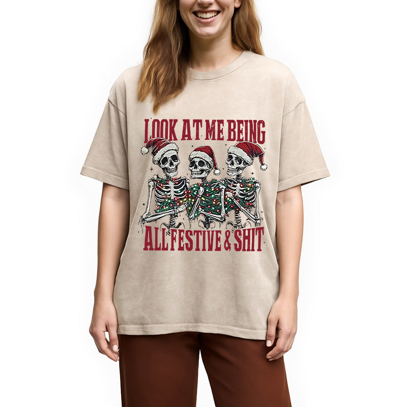 Funny Christmas Skull Washed T-Shirt
