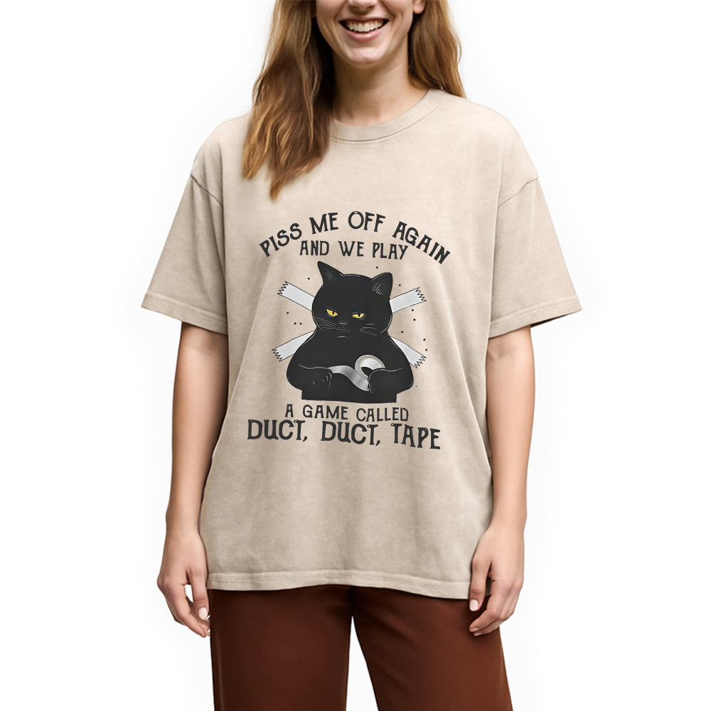 Funny Black Cat with Duct Tape Washed T-Shirt