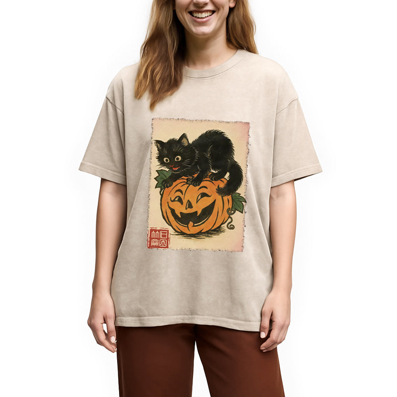 Black Cat And Pumpkin Washed T-Shirt