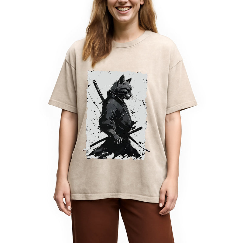 Handsome Samurai Cat Washed T-Shirt