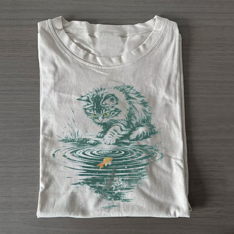 Unisex Classic Folk Art Cat Printed Cotton Printed T-shirt