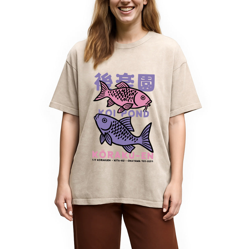 Koi Fish Pond Japanese Washed T-Shirt