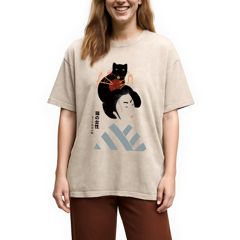Geisha And Cat Washed T-Shirt