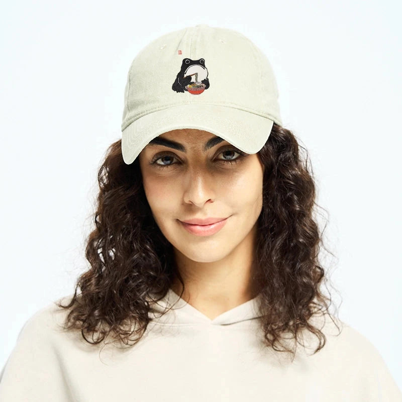 Funny Frog Eating Ramen Washed Cap