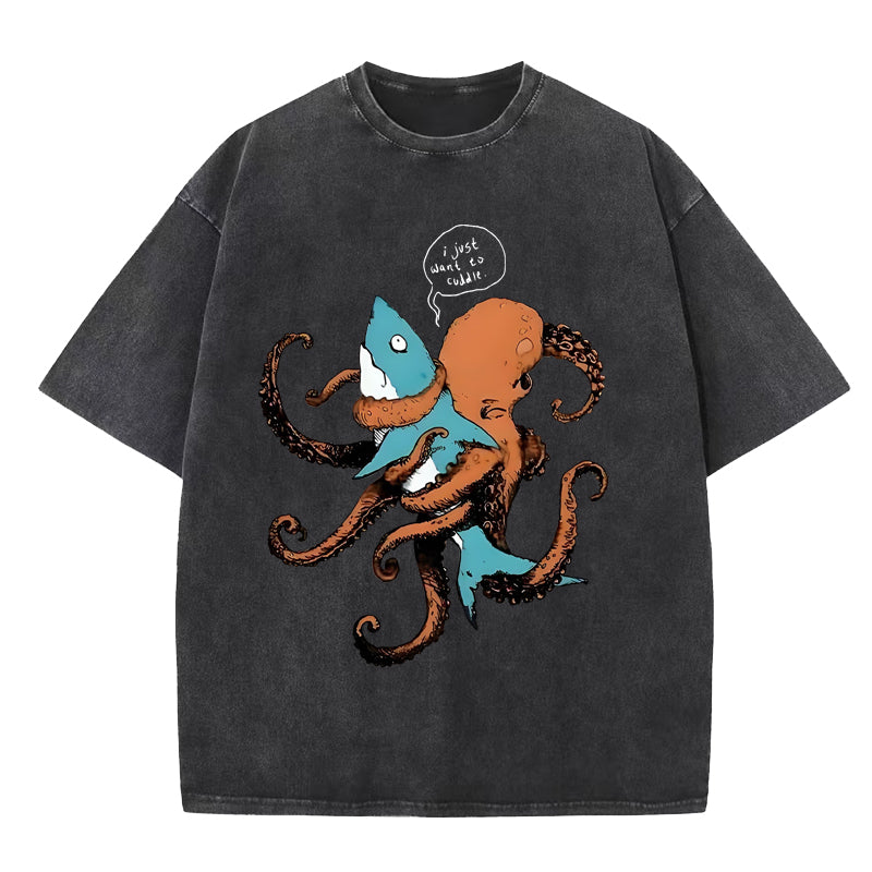 Octopus Entangles Shark Washed T-Shirt