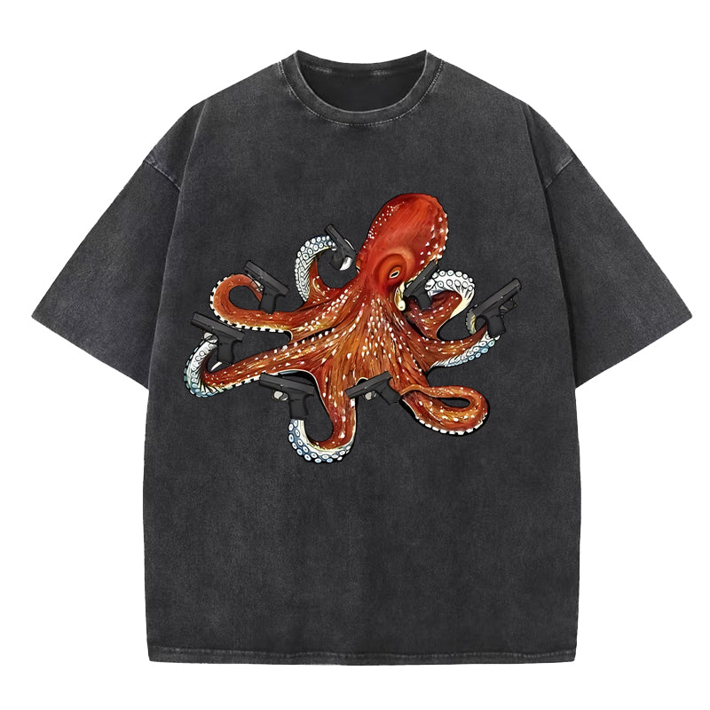 Funny Octopus With Guns Washed T-Shirt