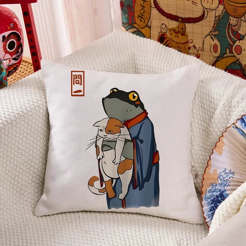 The Frog Holds The Cat Cushion Pillow