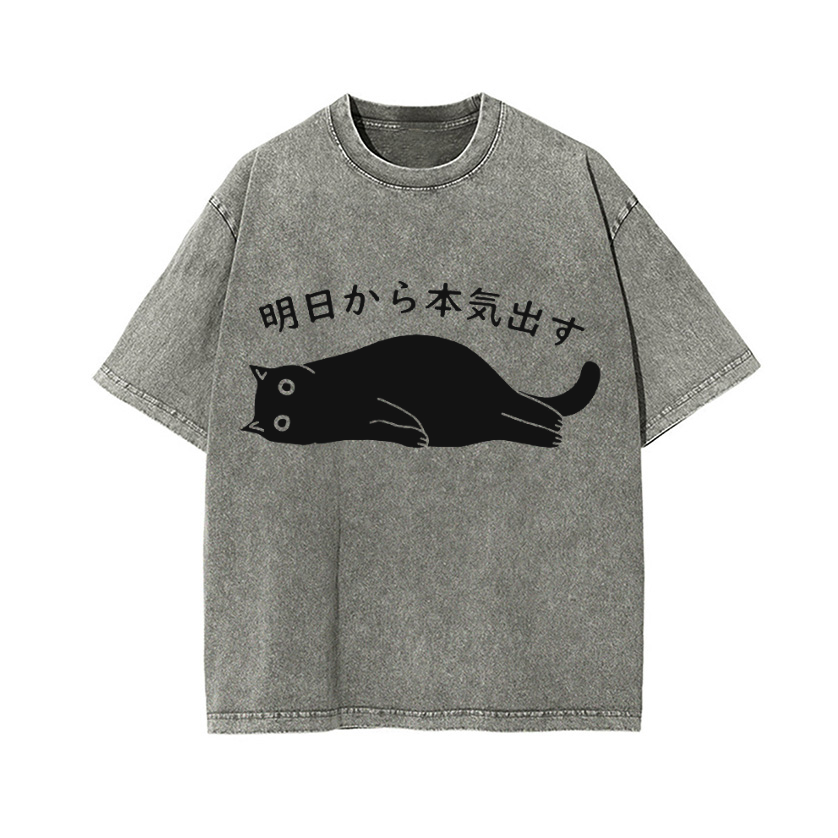 Black Cat Get Serious from Tomorrow Onwards Vintage Wash Japanese Design T-Shirt