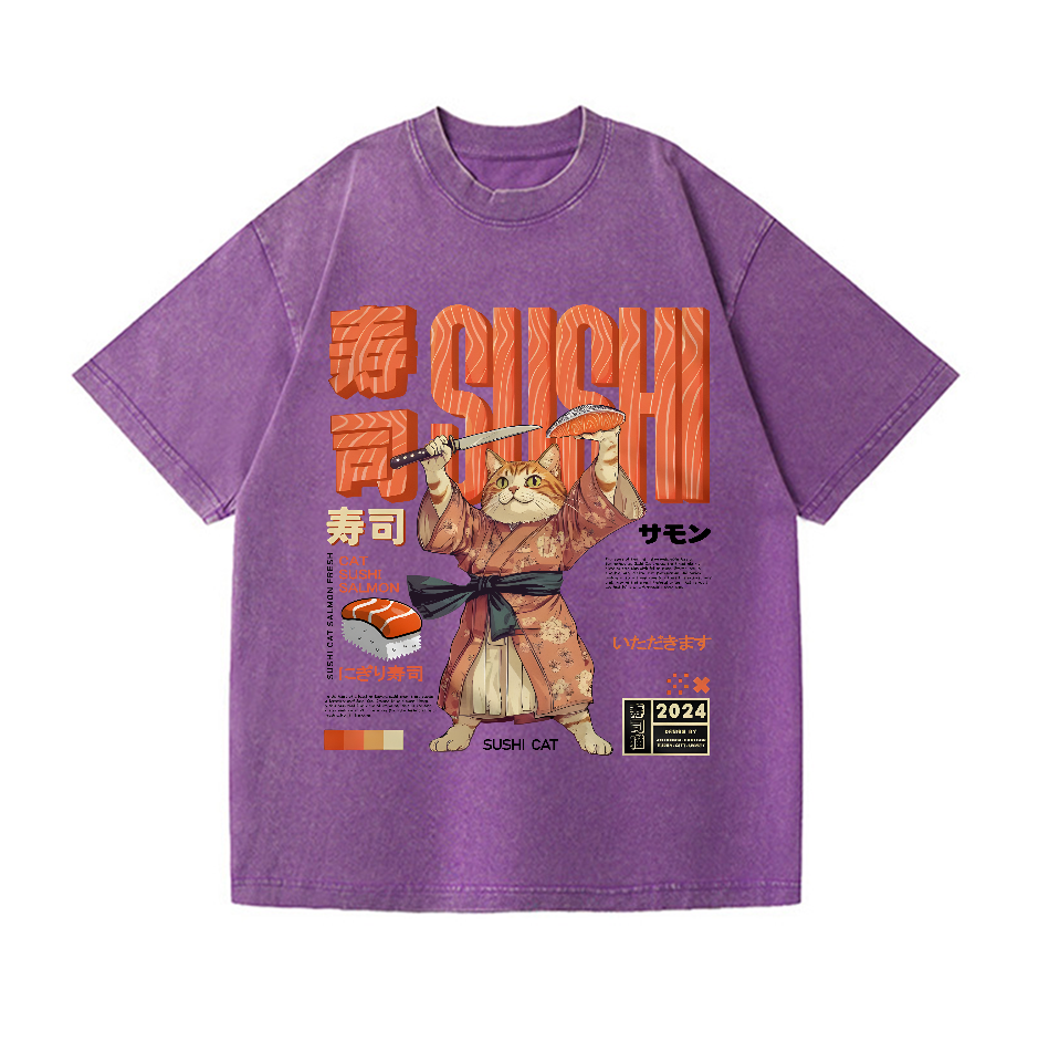 Sushi Cat Salmon Vintage Wash Japanese Design T-Shirt