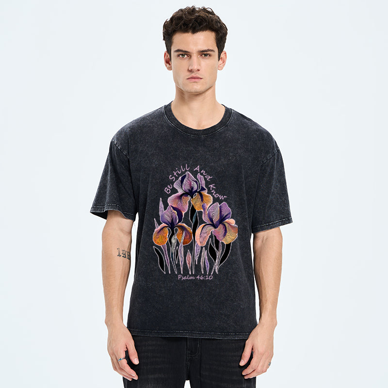"Be Still and Know"Psalm 46:10 Iris Floral Washed T-Shirt