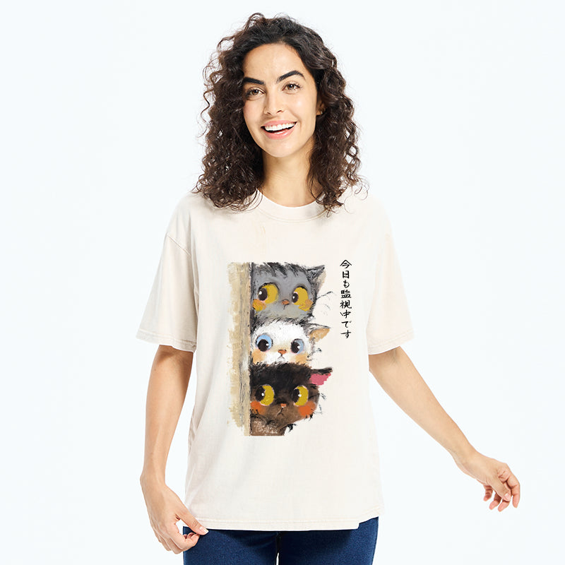 Unisex Three Cats Secretly Monitor Their Owner Washed T-Shirt