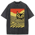 Woodcut Cat and Wave Washed T-Shirt