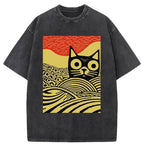 Woodcut Cat and Wave Washed T-Shirt