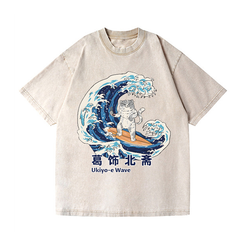 Ukiyoe Wave Cat Vintage Wash Japanese Design T-Shirt