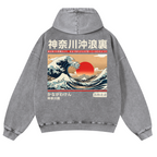 Kanagawa Ukiyo-e Great Wave Vintage Washed Cotton Back Art Hoodie