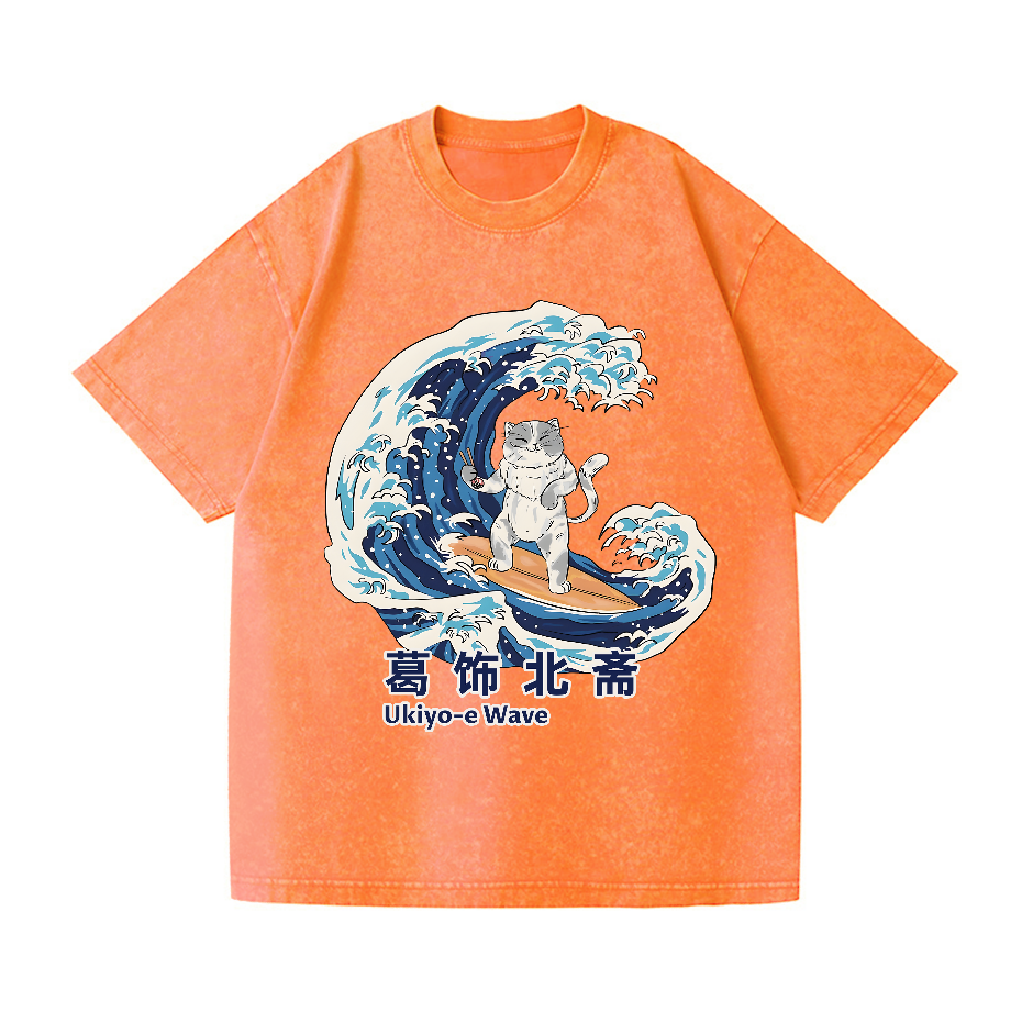 Ukiyoe Wave Cat Vintage Wash Japanese Design T-Shirt
