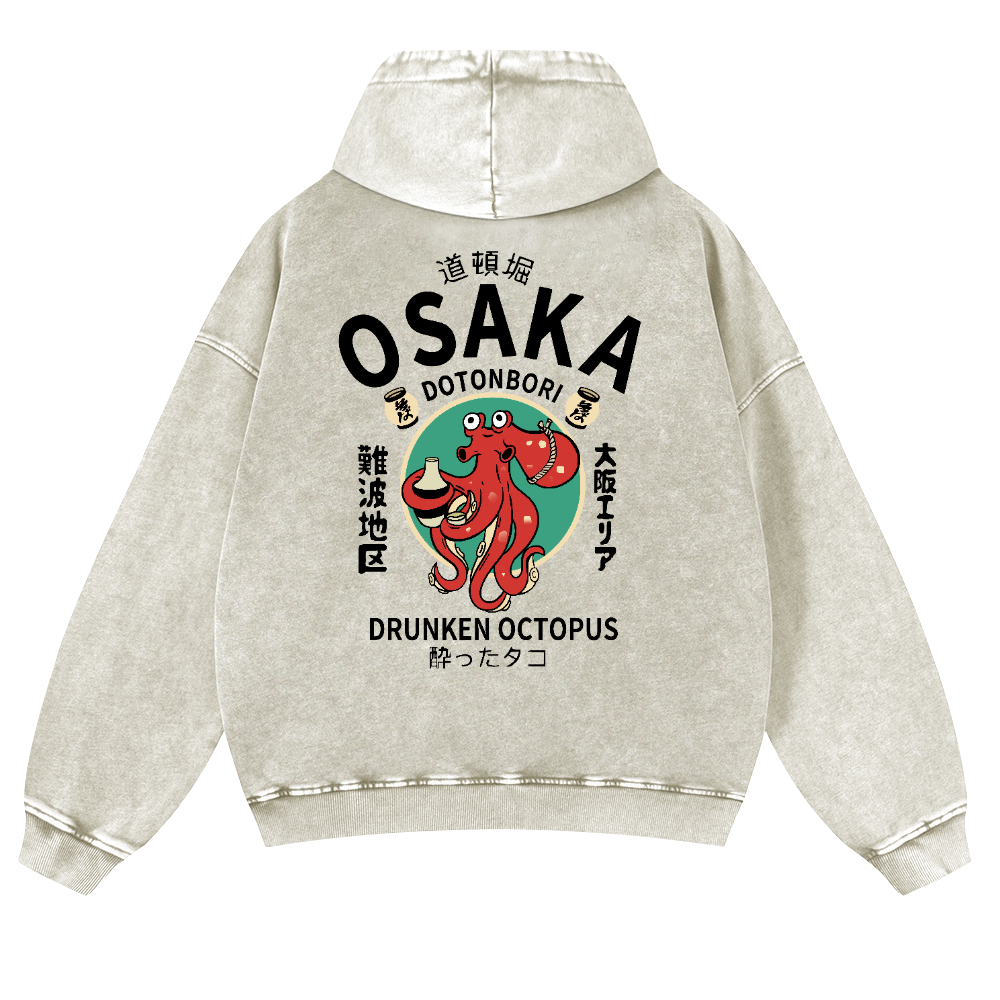Osaka Dotonbori Drunken Octopus Vintage Washed Cotton Back Art Hoodie