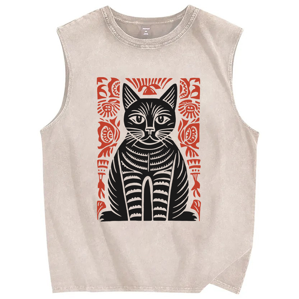 Unisex Vintage Black Cat Totem Printed Washed Tank Top