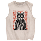 Unisex Vintage Black Cat Totem Printed Washed Tank Top