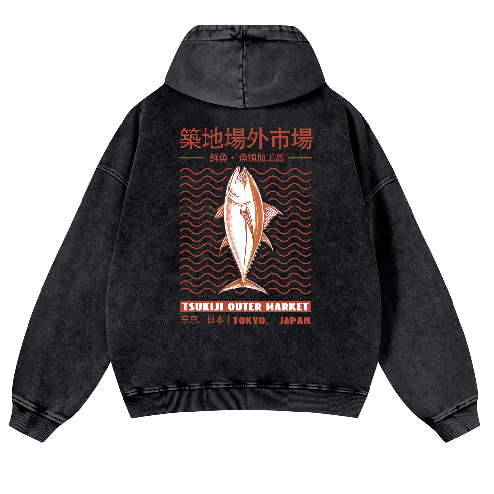 Tsukiji Outer Market Fish Vintage Washed Cotton Back Art Hoodie