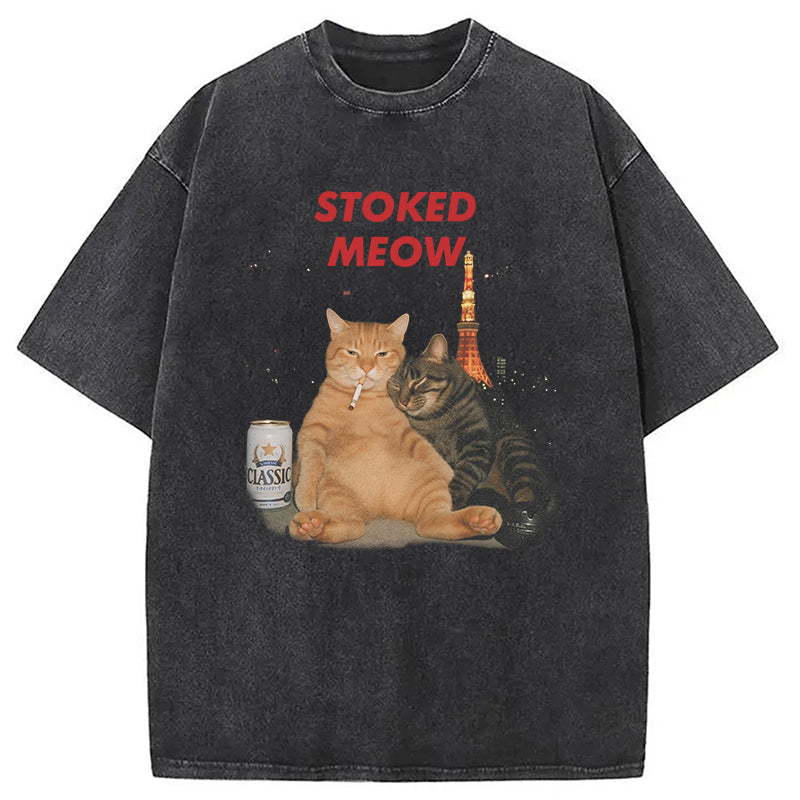 Stoked Meow Smoking Cat Washed T-Shirt