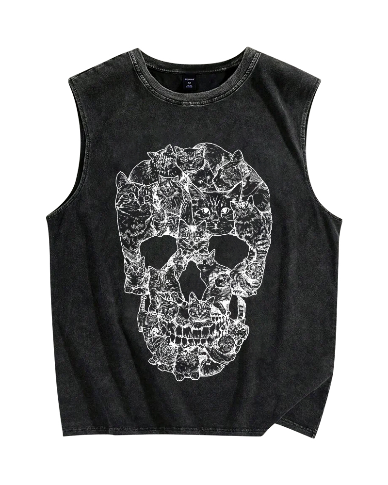Cat & Skull Vintage Distressed Washed Tank Top