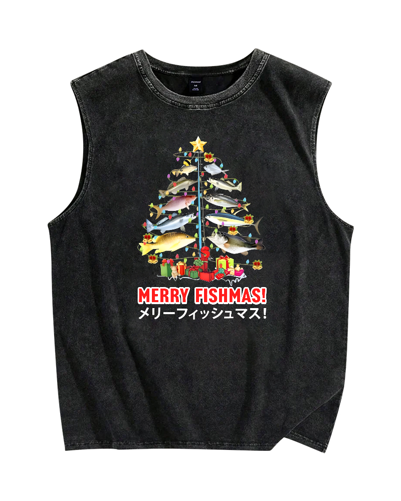 Tokyo-Assassin Christmas Fish Tree Japanese Style Vintage Distressed Washed Tank Top