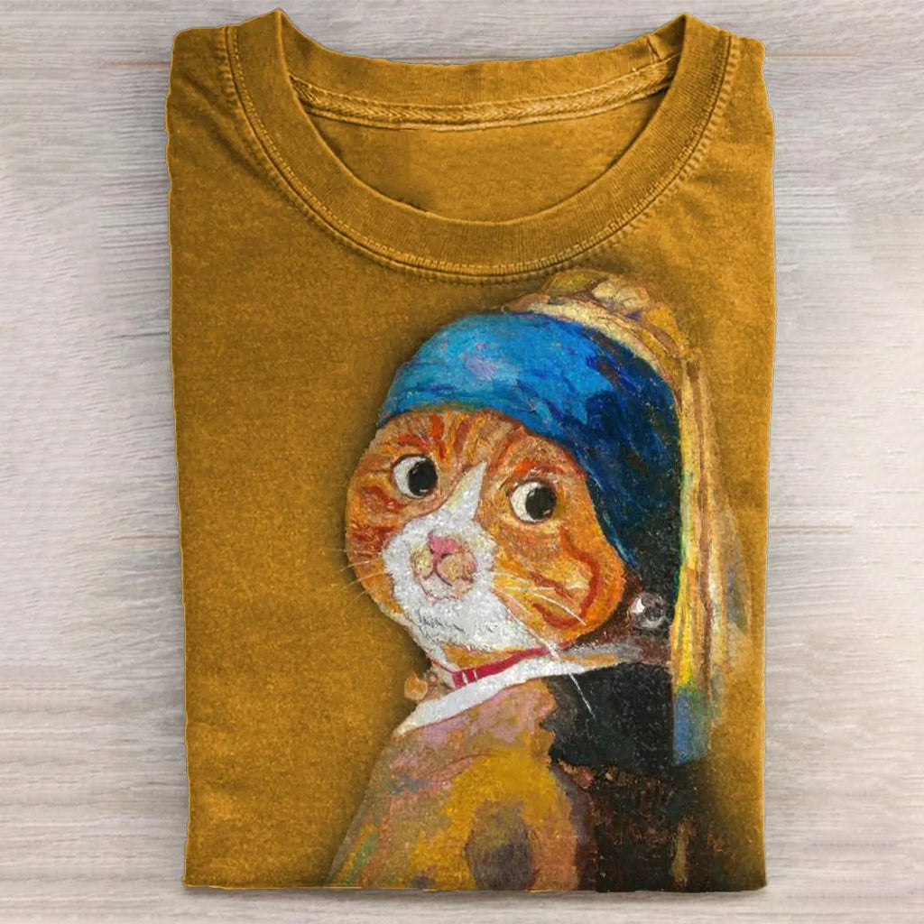 Girl with A Pearl Earring Cat Art Print T-shirt