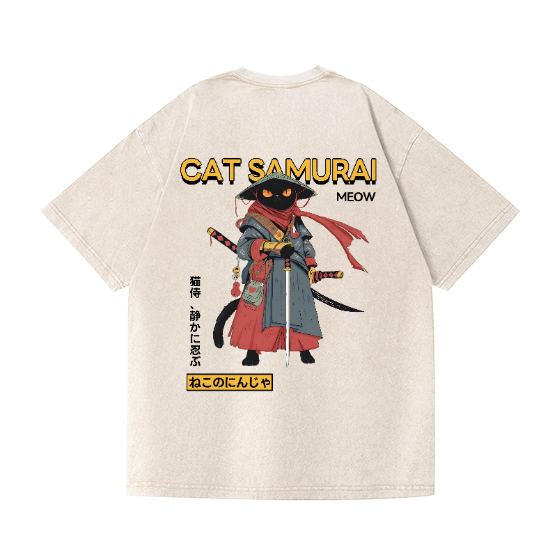 Cat Samurai Vintage Wash Japanese Design Back Art T-Shirt