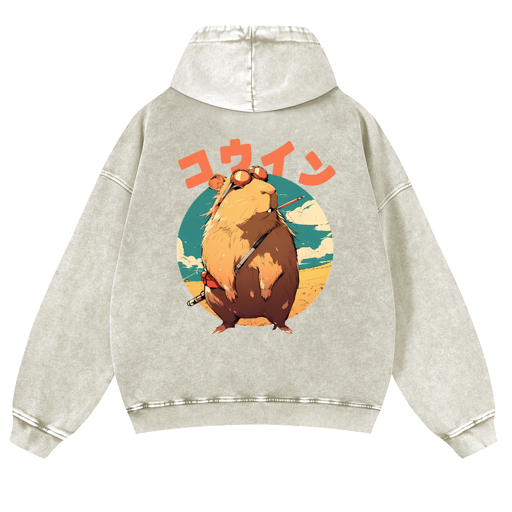 Capybara Vintage Washed Cotton Back Art Hoodie