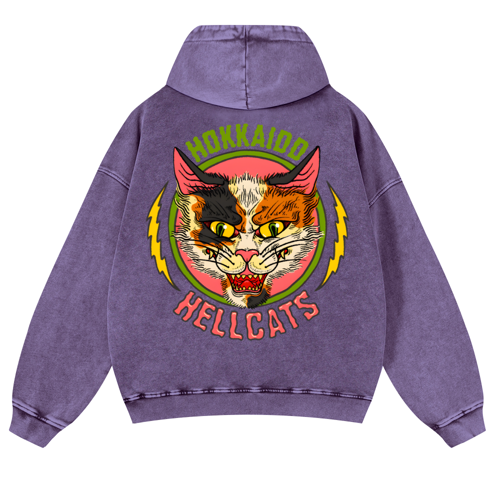 Hokkaido Hellcats Cat Vintage Washed Cotton Back Art Hoodie