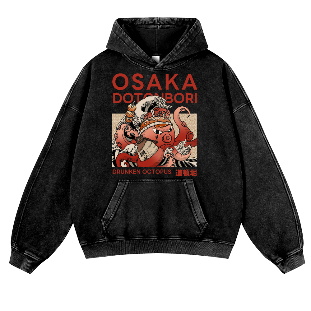 Osaka Dotonbori Drunken Octopus Vintage Washed Thick Cotton Hoodie