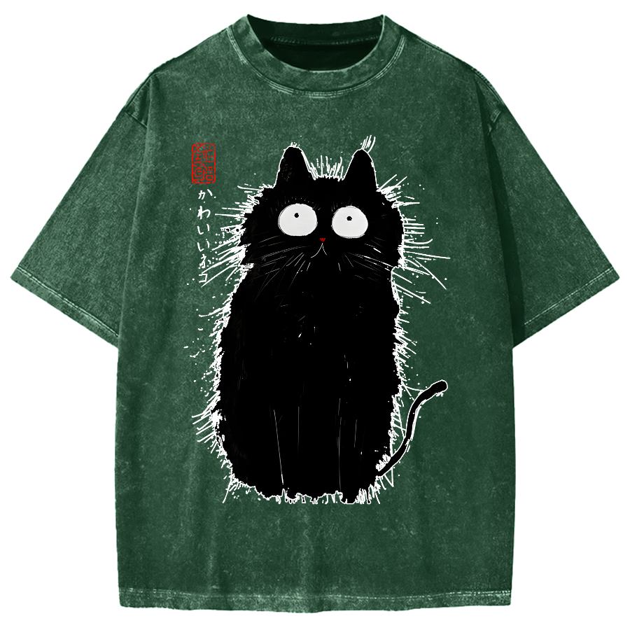 Black Cat With Puffed-Up Fur Vintage Washed T-shirt