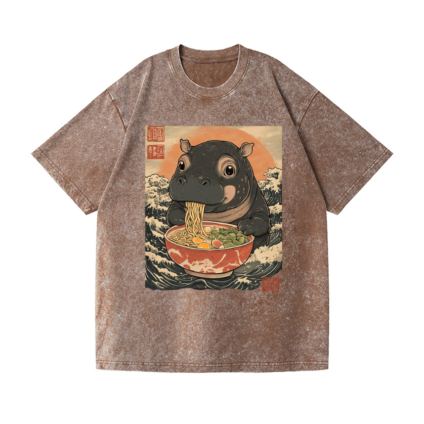 Ramen Hippo Ukiyoe Wave Vintage Wash Japanese Design T-Shirt