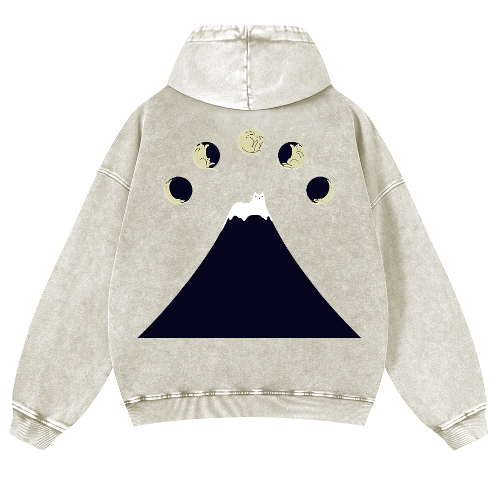 Mount Fuji Cat Moon Vintage Washed Cotton Back Art Hoodie