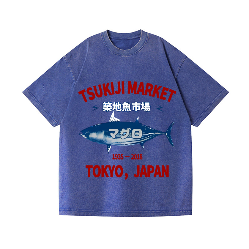 Tsukiji Market Tuna Fish Tokyo Japan Vintage Wash Japanese Design T-Shirt