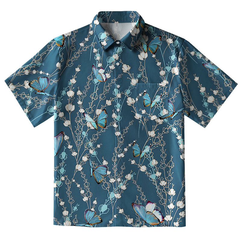 Blue Floral And Butterfly Button-up Shirt
