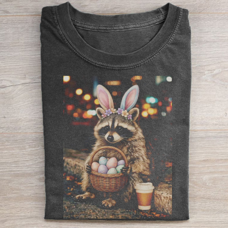 Unisex Funny Easter Raccoon Printed Washed Folded T-shirt