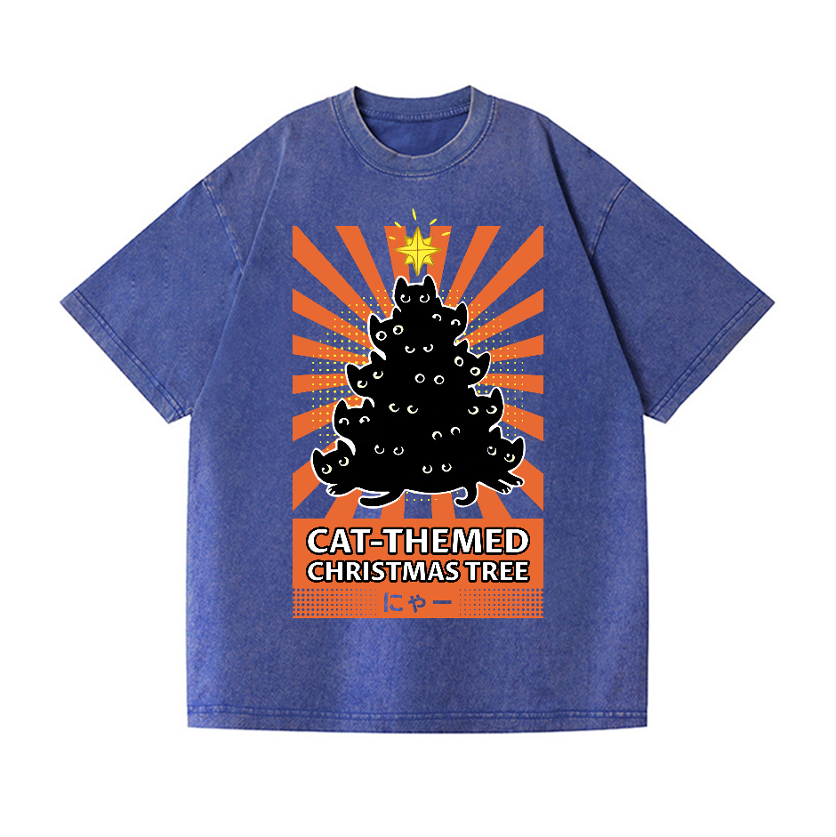 Cat-Themed Christmas Tree Vintage Wash Japanese Design T-Shirt