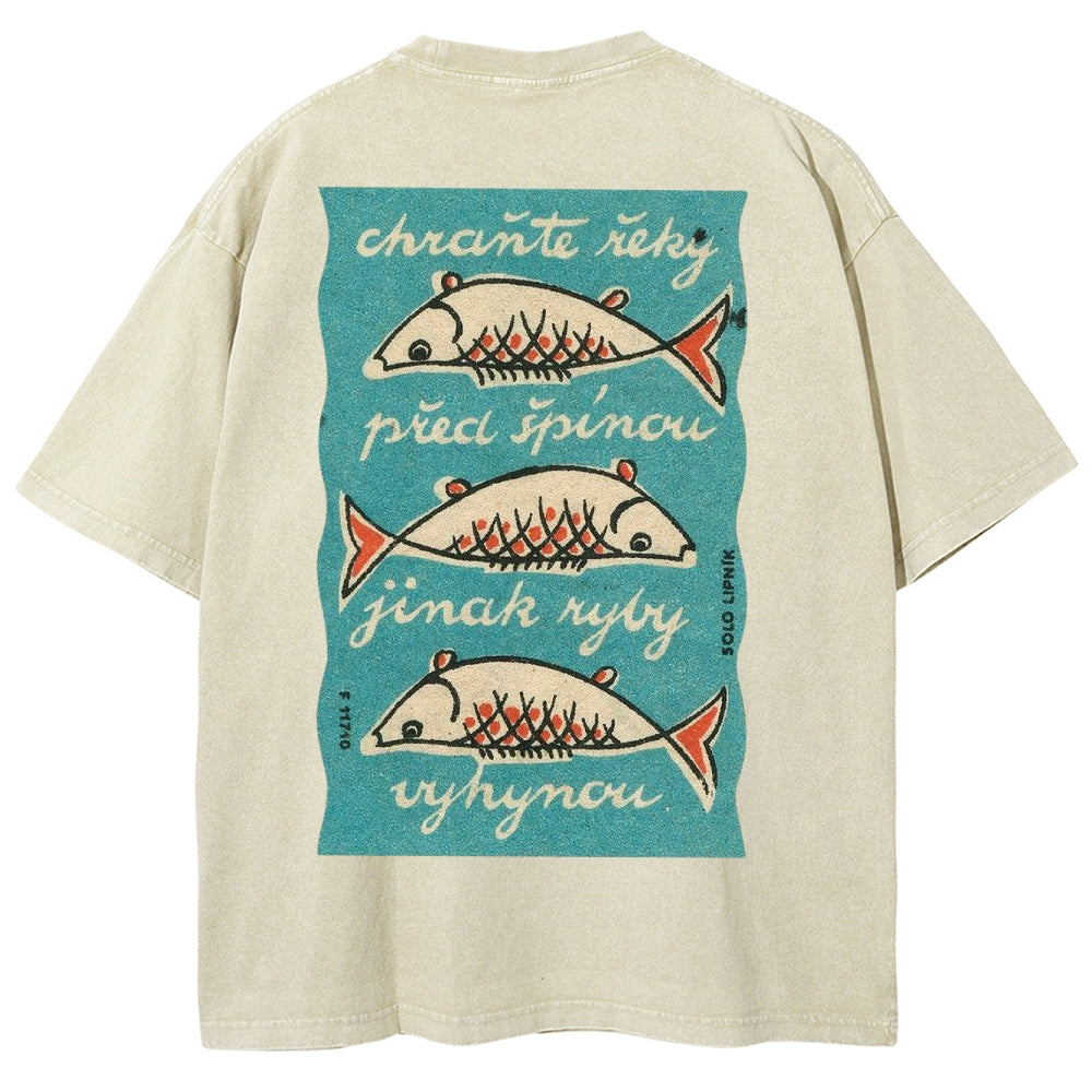 Fishes Pattern Printed Washed Vintage Short Sleeves T-Shirt