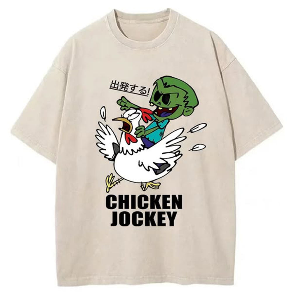 Zombie Riding Chicken Washed T-Shirt