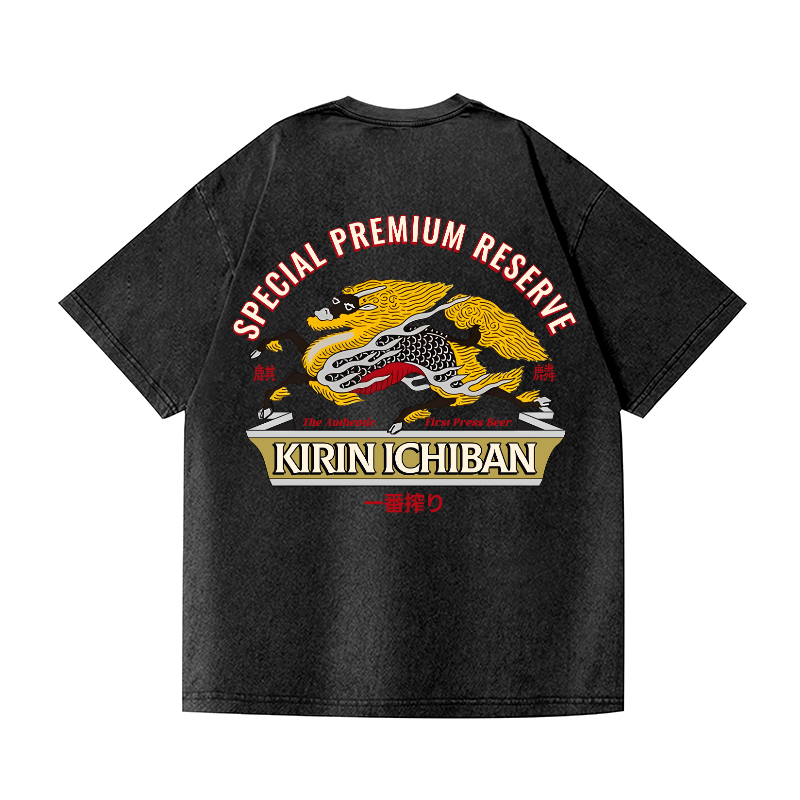 Kirin Beer Vintage Wash Japanese Design Back Art T-Shirt